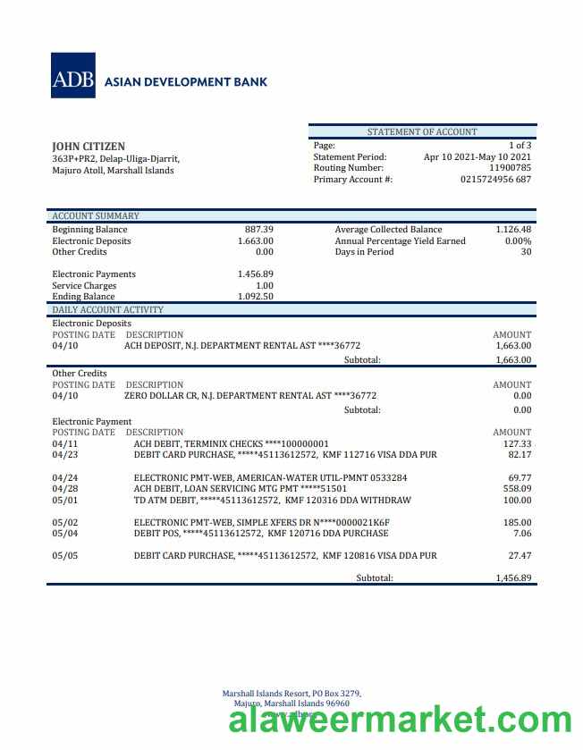 Marshal Islands ADB bank statement